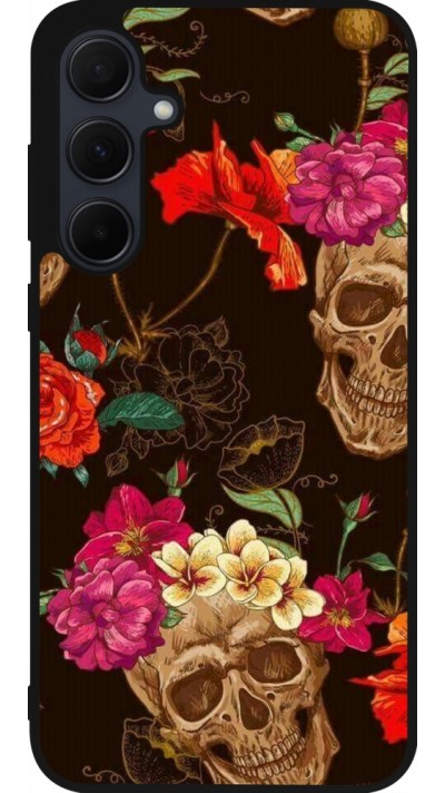 Coque Samsung Galaxy A35 5G - Silicone rigide noir Skulls and flowers