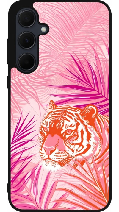 Coque Samsung Galaxy A35 5G - Silicone rigide noir Tigre palmiers roses