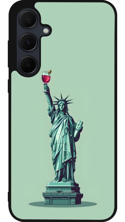 Coque Samsung Galaxy A35 5G - Silicone rigide noir Wine Statue de la liberté avec un verre de vin