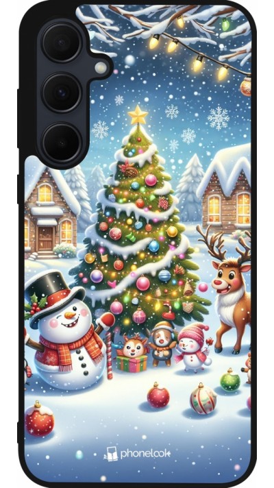 Coque Samsung Galaxy A35 5G - Silicone rigide noir Noël 2023 bonhomme de neige et sapin