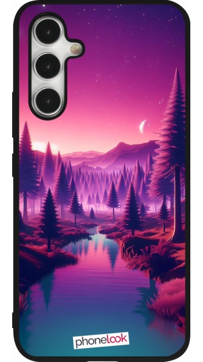 Coque Samsung Galaxy A54 5G - Silicone rigide noir Paysage Violet-Rose