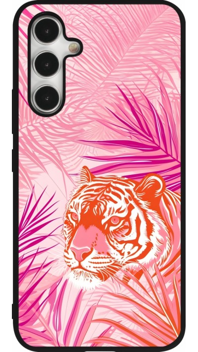 Coque Samsung Galaxy A54 5G - Silicone rigide noir Tigre palmiers roses