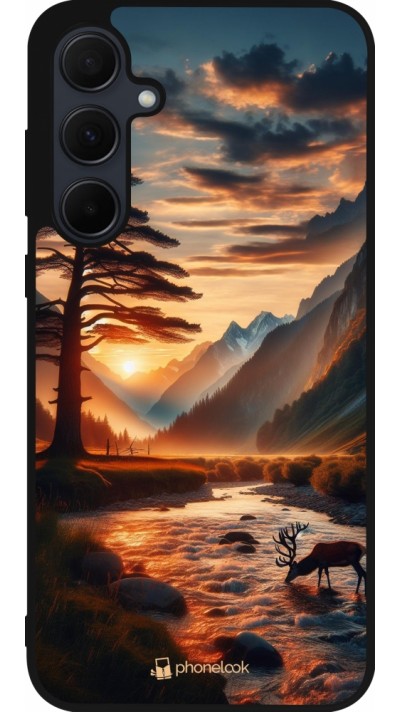 Samsung Galaxy A55 5G Case Hülle - Silikon schwarz Tal Sonnenuntergang Hirsch Baum