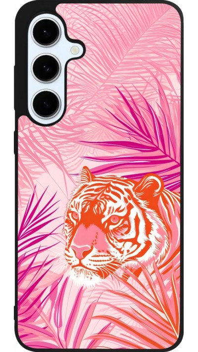 Coque Samsung Galaxy S24 FE - Silicone rigide noir Tigre palmiers roses