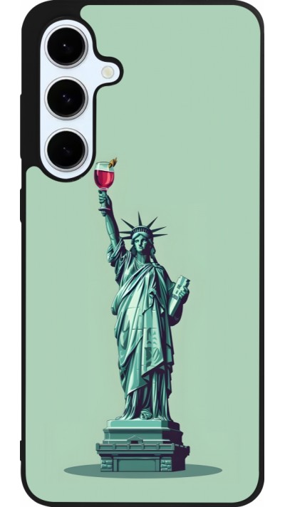 Coque Samsung Galaxy S24 FE - Silicone rigide noir Wine Statue de la liberté avec un verre de vin