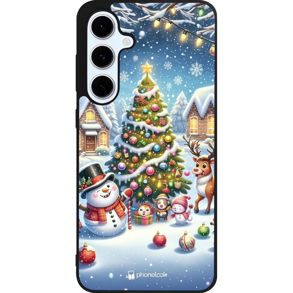 Coque Samsung Galaxy S24 FE - Silicone rigide noir Noël 2023 bonhomme de neige et sapin