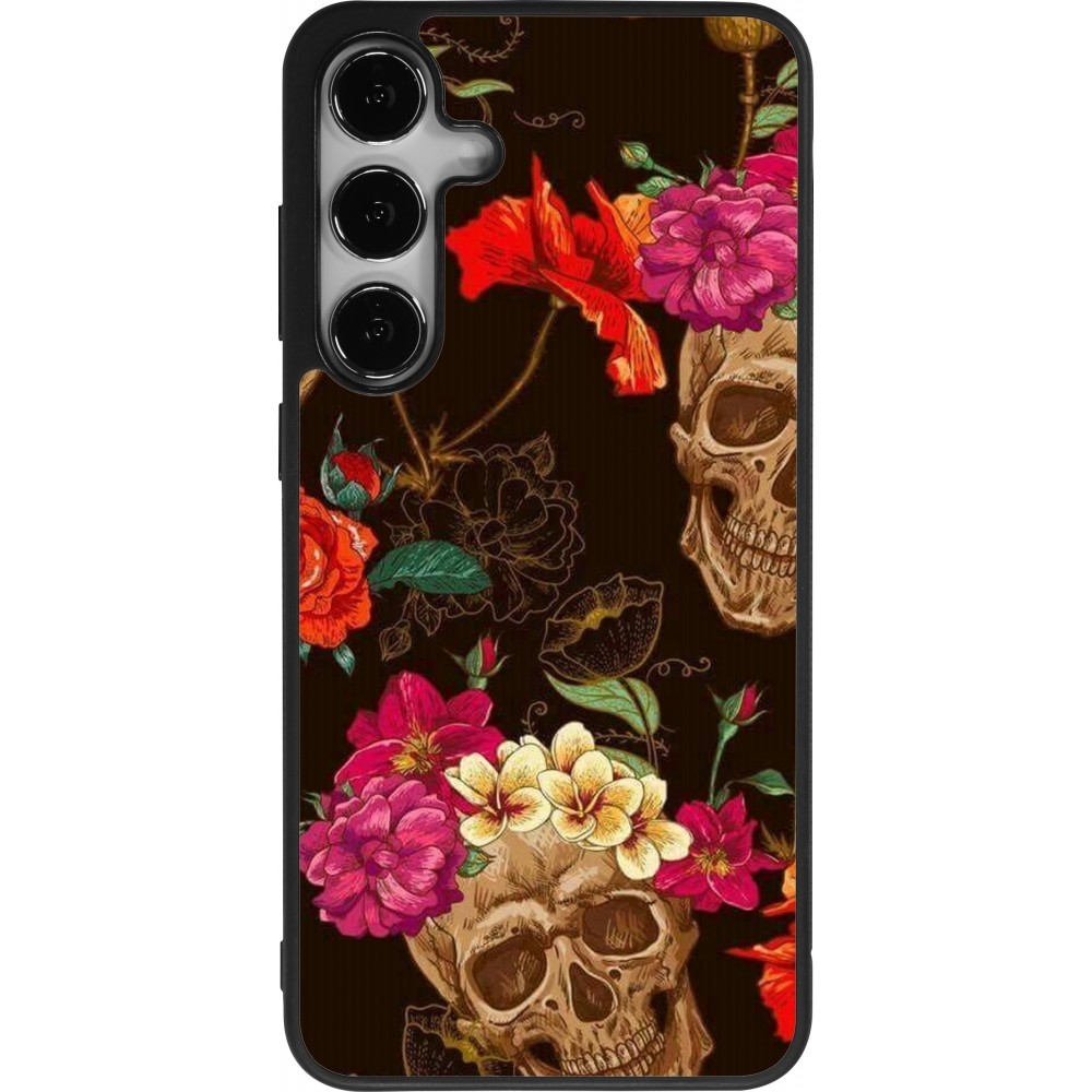 Samsung Galaxy S24+ Case Hülle - Silikon schwarz Skulls and flowers