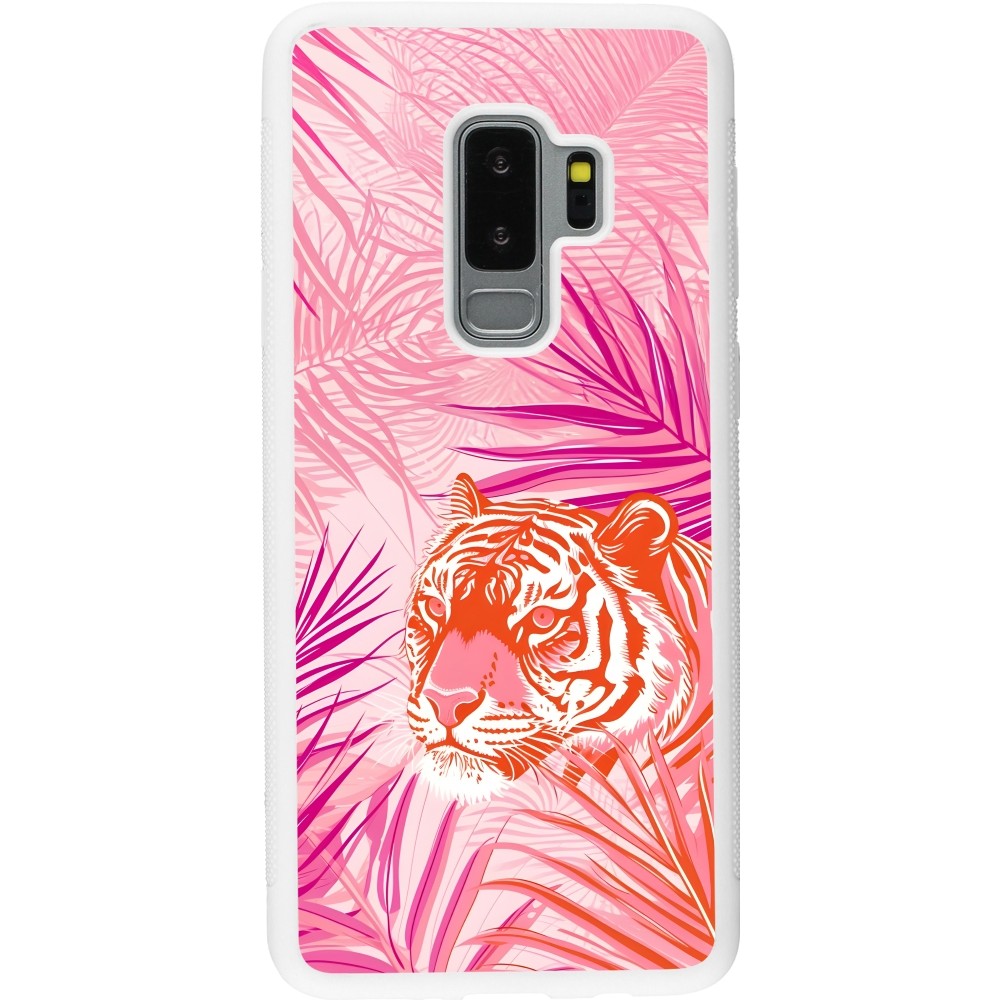 Coque Samsung Galaxy S9+ - Silicone rigide blanc Tigre palmiers roses