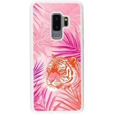 Coque Samsung Galaxy S9+ - Silicone rigide blanc Tigre palmiers roses