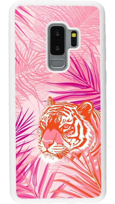 Coque Samsung Galaxy S9+ - Silicone rigide blanc Tigre palmiers roses