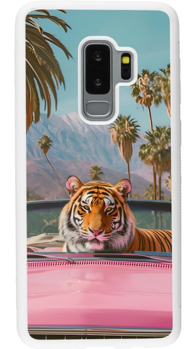 Coque Samsung Galaxy S9+ - Silicone rigide blanc Tigre voiture rose