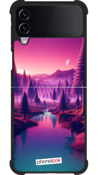 Coque Samsung Galaxy Z Flip3 5G - Silicone rigide noir Paysage Violet-Rose