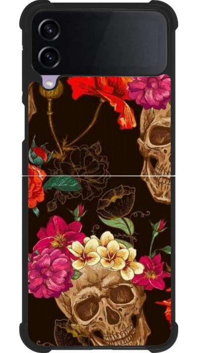 Coque Samsung Galaxy Z Flip3 5G - Silicone rigide noir Skulls and flowers