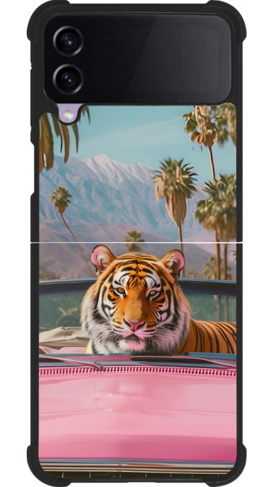 Coque Samsung Galaxy Z Flip3 5G - Silicone rigide noir Tigre voiture rose