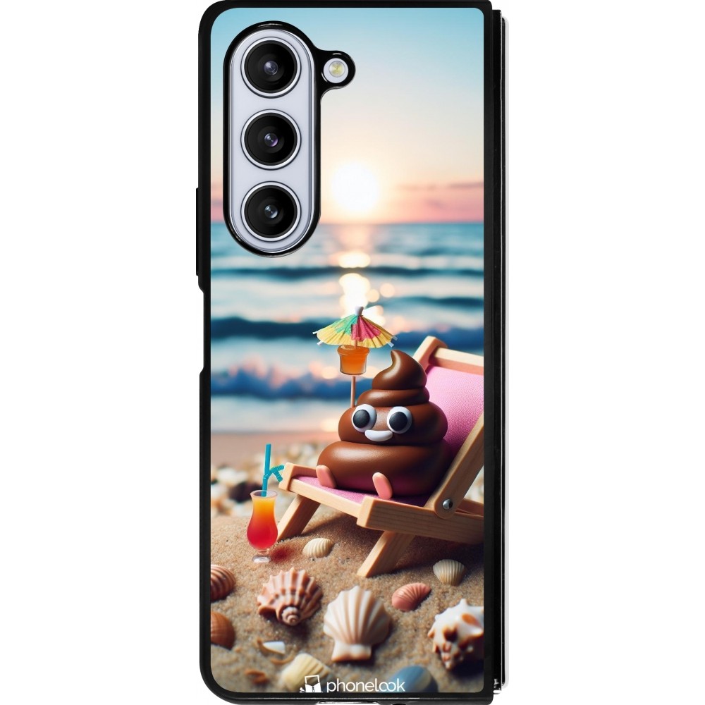 Samsung Galaxy Z Fold5 Case Hülle - Silikon schwarz Kackhaufen Emoji auf Liegestuhl