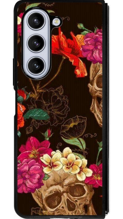 Samsung Galaxy Z Fold5 Case Hülle - Silikon schwarz Skulls and flowers