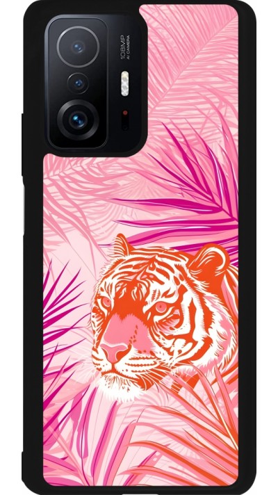 Coque Xiaomi 11T - Silicone rigide noir Tigre palmiers roses