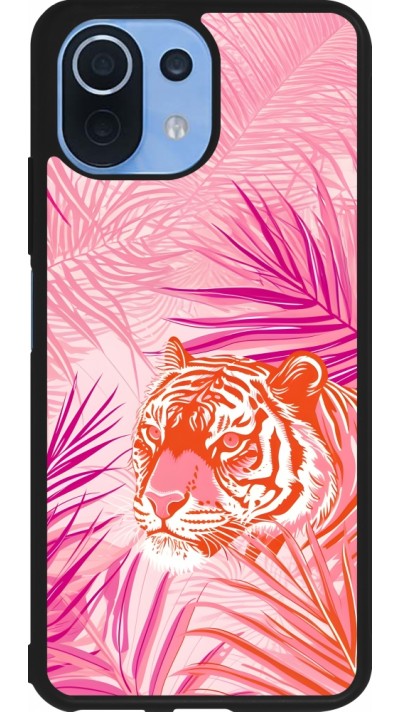 Coque Xiaomi Mi 11 Lite 5G - Silicone rigide noir Tigre palmiers roses