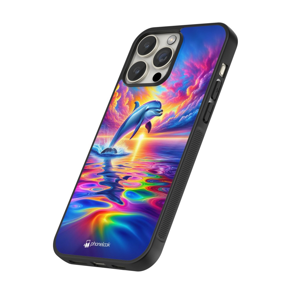 iPhone 12 / 12 Pro Case Hülle - Silikon schwarz Glücklicher Regenbogen-Delfin