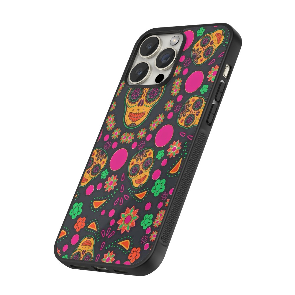 iPhone 12 / 12 Pro Case Hülle - Silikon schwarz Halloween 22 colorful mexican skulls