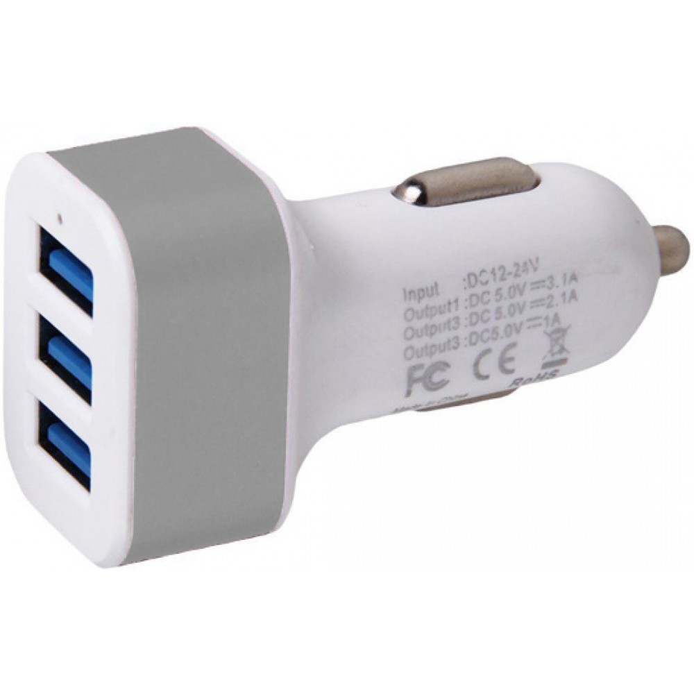 Auto Zigarettenanzünder 3-Port Lade-Adapter - KFZ Multiport 3x USB-A Anschluss - Silber