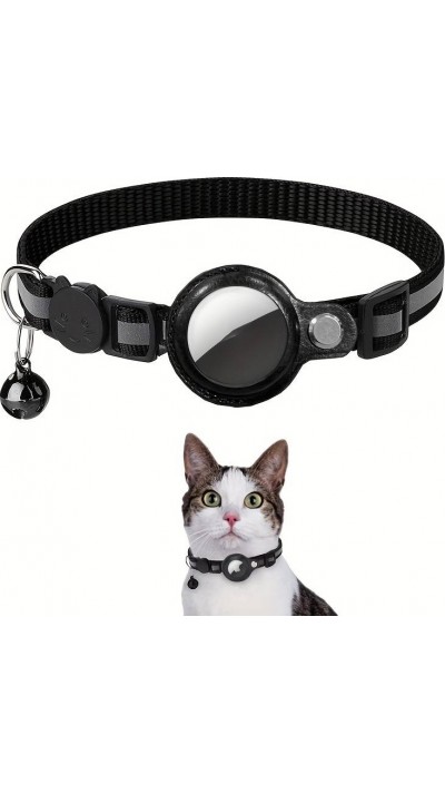 Collier de sécurité pour chats avec petite clochette, matériau réfléchissant et support Apple AirTag - Noir - AirTag