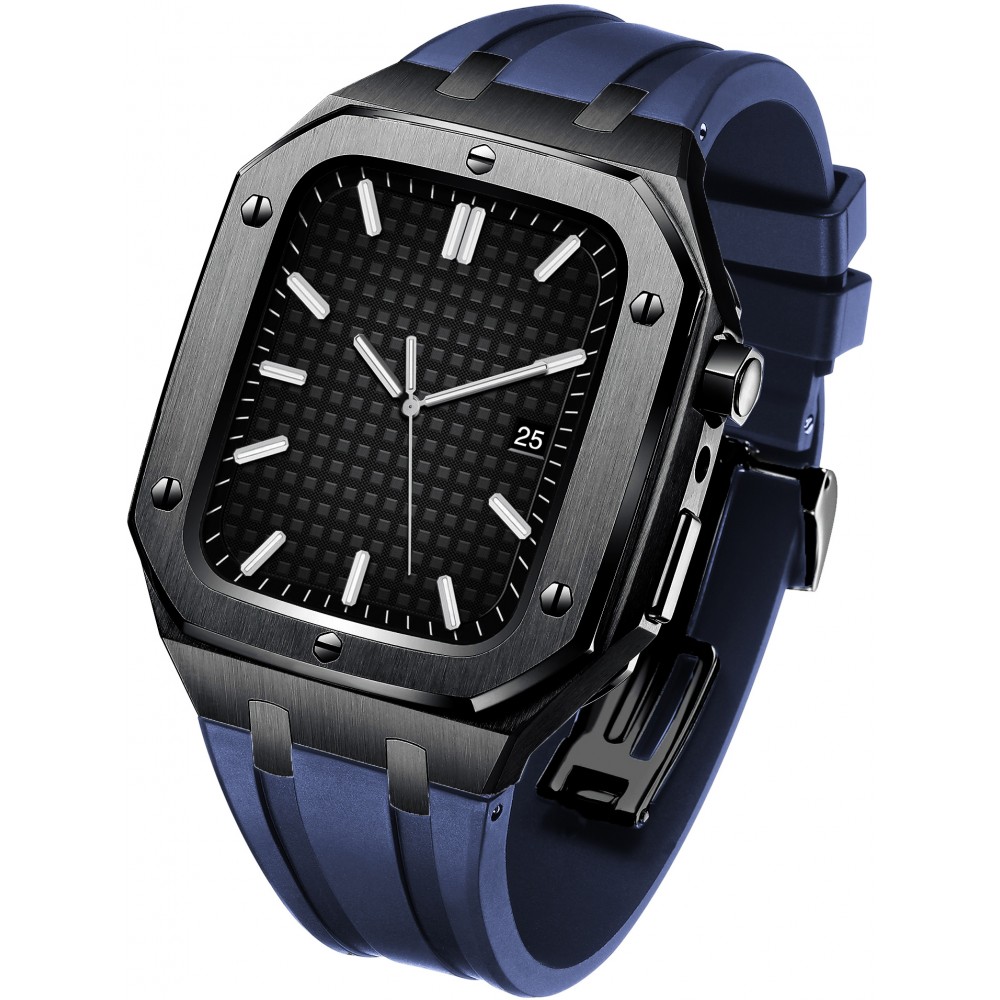 Coque Apple Watch 44 mm - Boîtier en acier 316L et bracelet en silicone - Noir / Bleu foncé