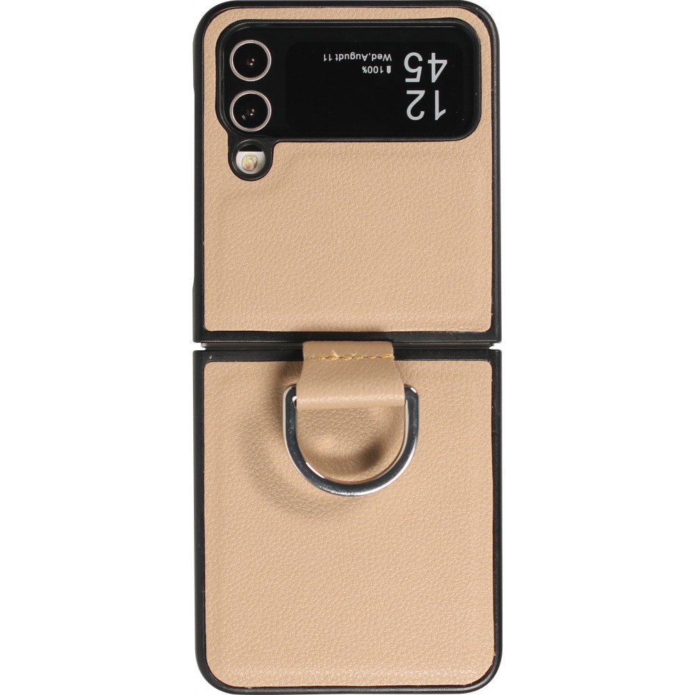 Coque Samsung Galaxy Z Flip5 - Design en cuir avec anneau de support - Beige