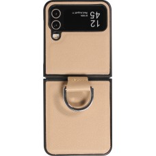 Coque Samsung Galaxy Z Flip5 - Design en cuir avec anneau de support - Beige