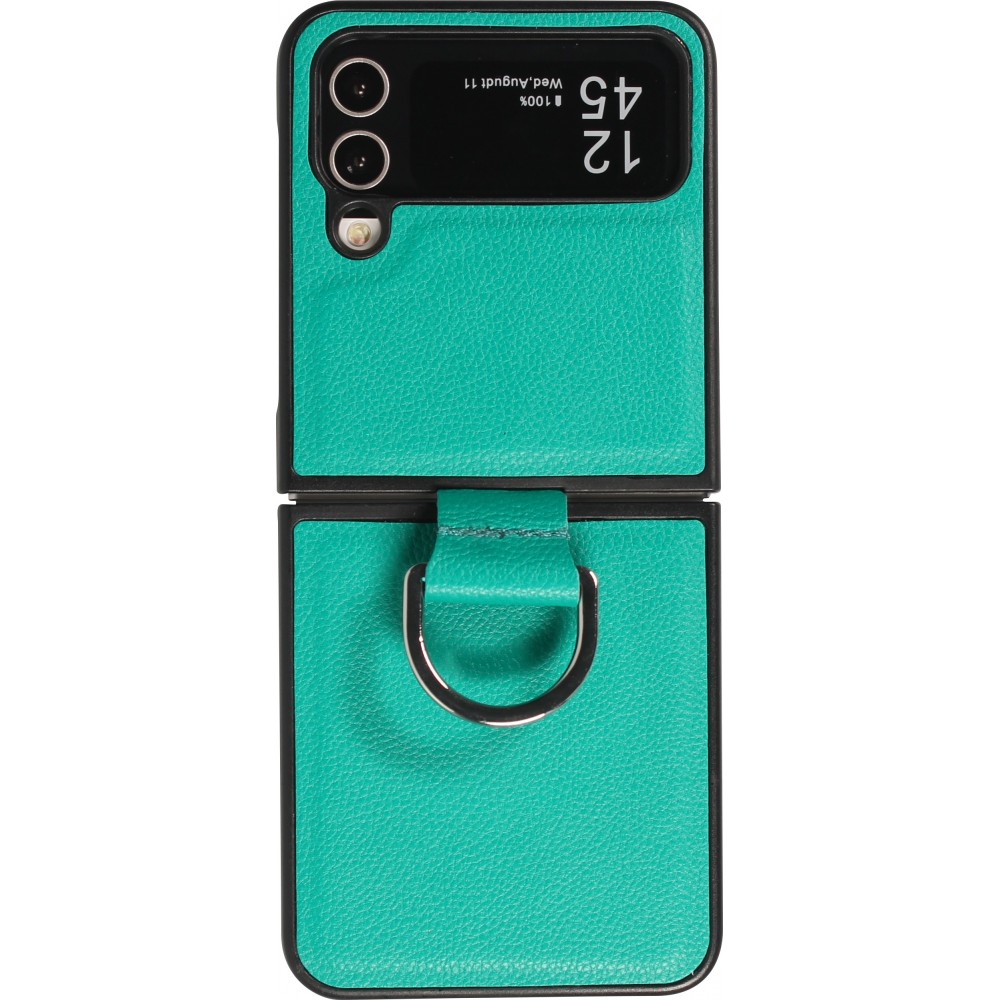 Coque Samsung Galaxy Z Flip5 - Design en cuir avec anneau de support - Turquoise