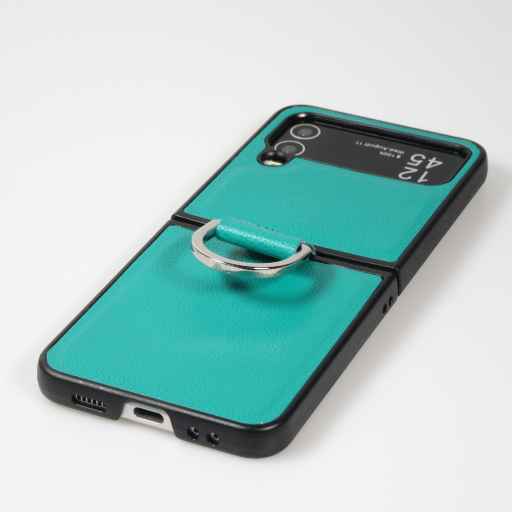 Coque Samsung Galaxy Z Flip5 - Design en cuir avec anneau de support - Turquoise