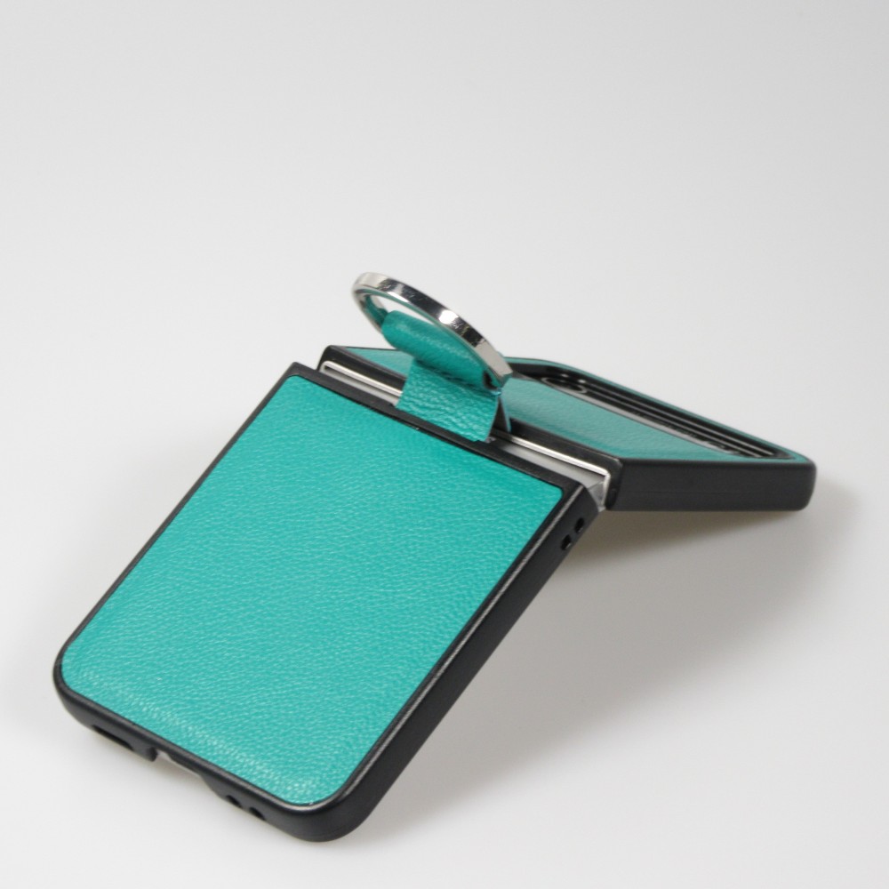 Coque Samsung Galaxy Z Flip5 - Design en cuir avec anneau de support - Turquoise