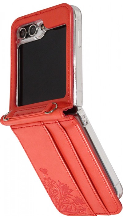 Galaxy Z Flip5 Case Hülle - Elegantes Kunstleder mit impregnierter Blume - Rot