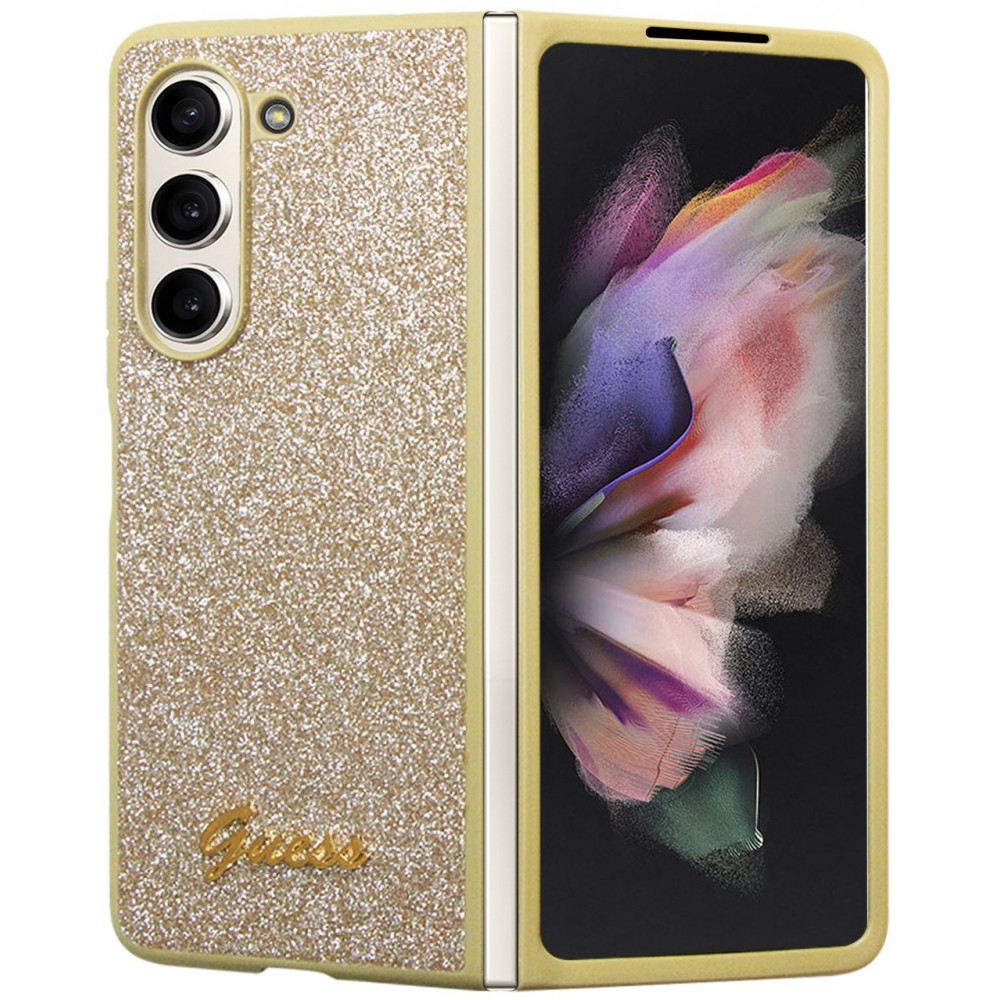 Coque Samsung Galaxy Z Fold5 - Guess paillettes or avec logo en métal doré - Or