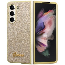 Coque Samsung Galaxy Z Fold5 - Guess paillettes or avec logo en métal doré - Or