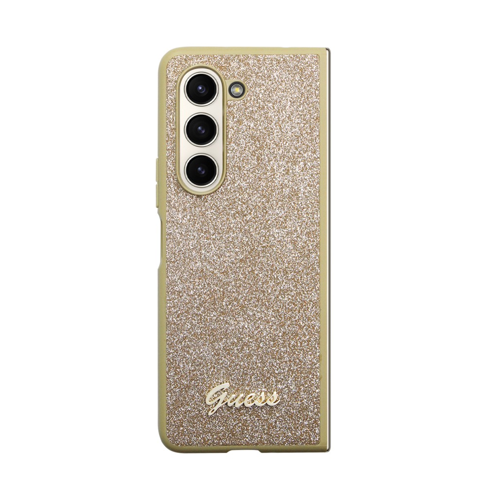 Coque Samsung Galaxy Z Fold5 - Guess paillettes or avec logo en métal doré - Or