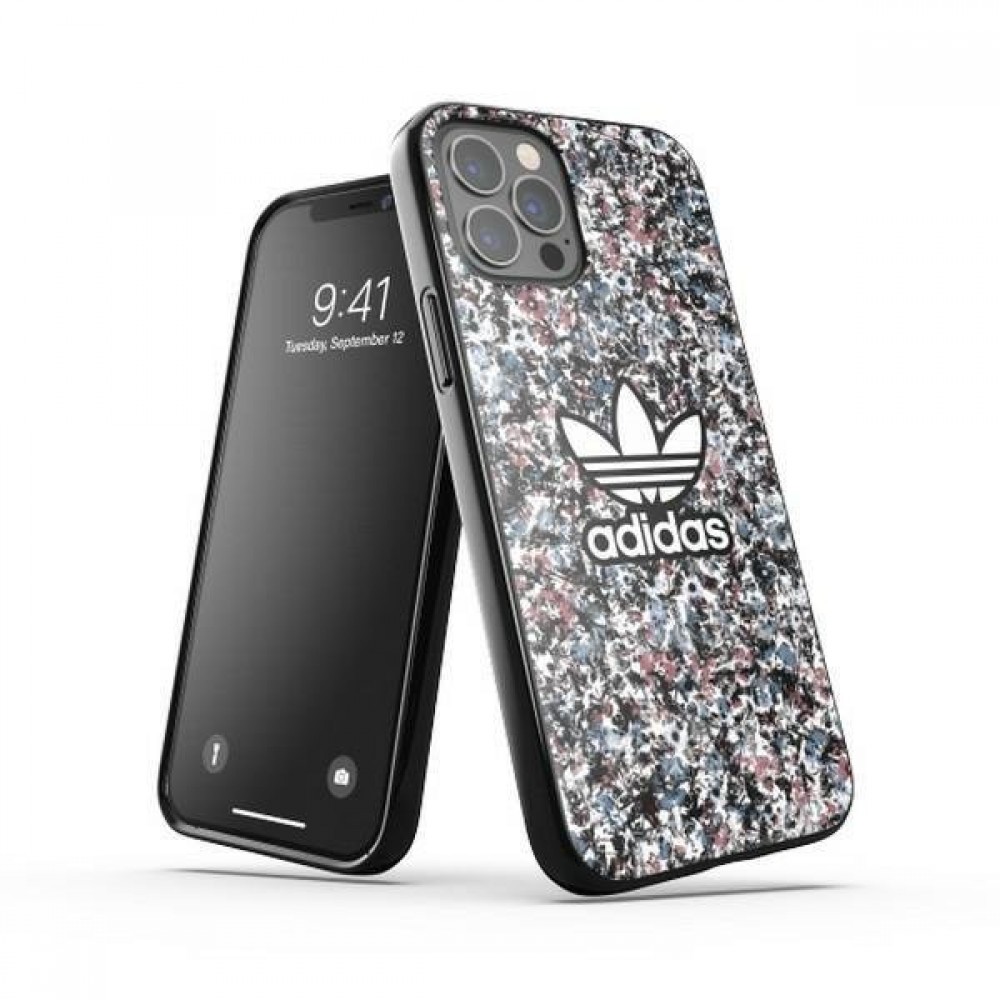 iPhone 12 Pro Max Case Hülle - Adidas starres Gel geblümter Hintergrund und aufgedrucktes Logo in Weiß - Multicolor