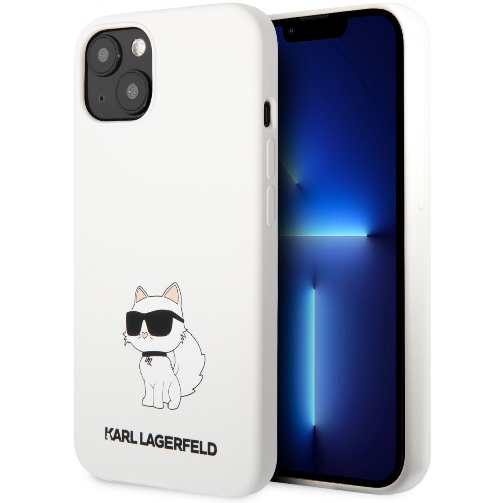 Coque iPhone 13 - Karl Lagerfeld silicone soft touch Choupette - Blanc