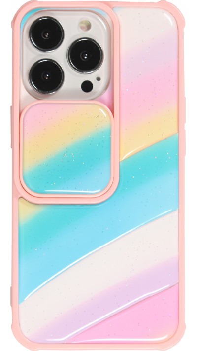 iPhone 13 Pro Case Hülle - Kamera vertikale Klappe Regenbogen - Rosa blau