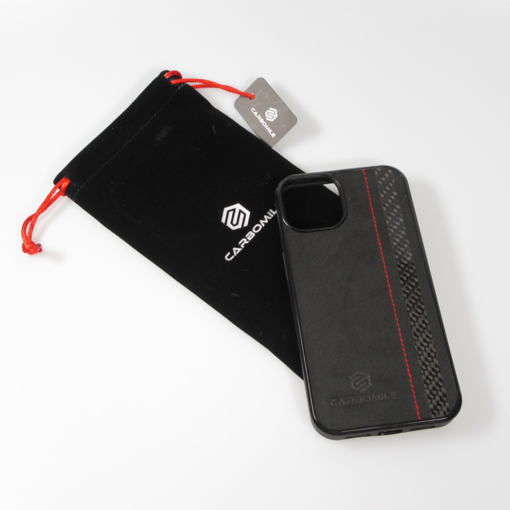 iPhone 15 Pro Max Case Hülle - Carbomile Alcantara und Carbon mit roten Nähten (MagSafe kompatibel)