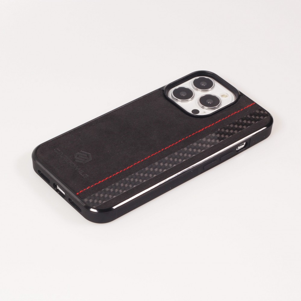 iPhone 14 Pro Max Case Hülle - Carbomile Alcantara und Carbon mit roten Nähten (MagSafe kompatibel)