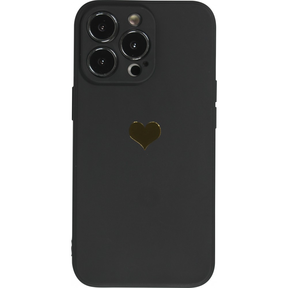 Coque iPhone 15 Pro Max - Silicone Mat Coeur doré - Noir