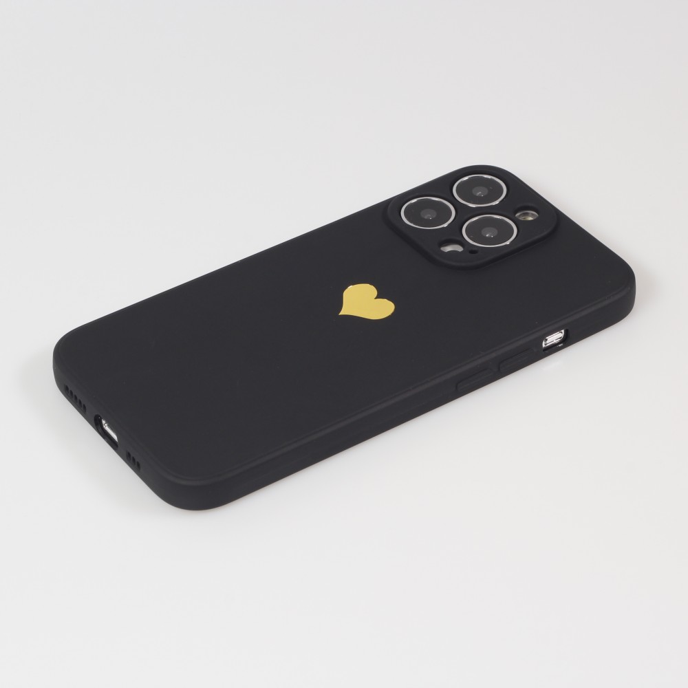 Coque iPhone 15 Pro Max - Silicone Mat Coeur doré - Noir