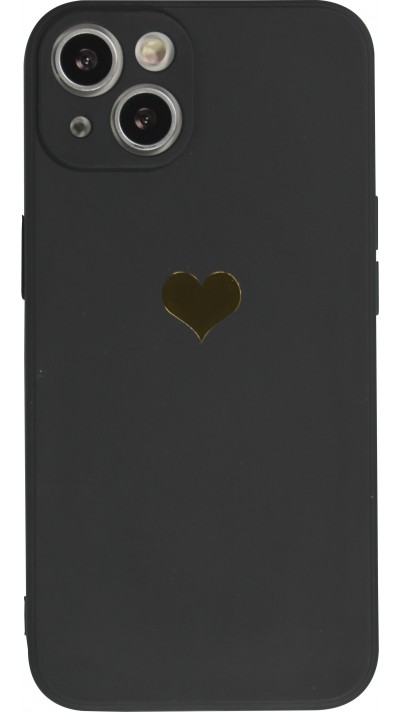 iPhone 15 Plus Case Hülle - Silikon Mat Herz gold - Schwarz
