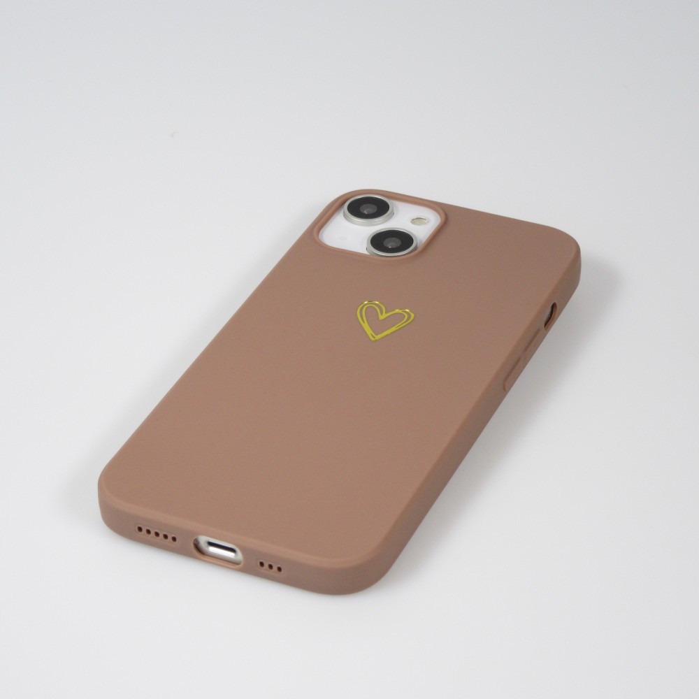 iPhone 13 Case Hülle - Silikon matt Herzdesign gold - Braun