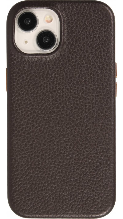 Coque iPhone 14 - Cuir de veau luxe grainé intégral avec boutons métalliques et MagSafe - Brun foncé