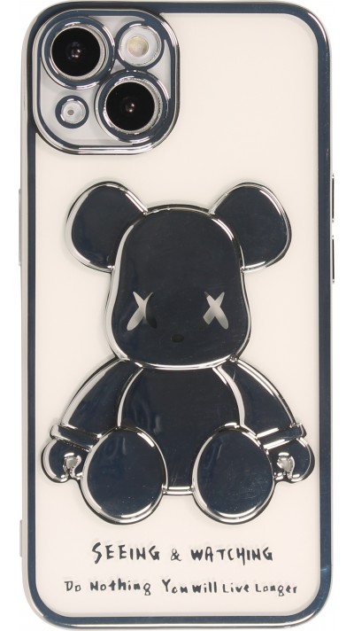 iPhone 14 Case Hülle - Gummi Dead bear 3D mit Glitzerhintergrund und silbernen Rand - Transparent