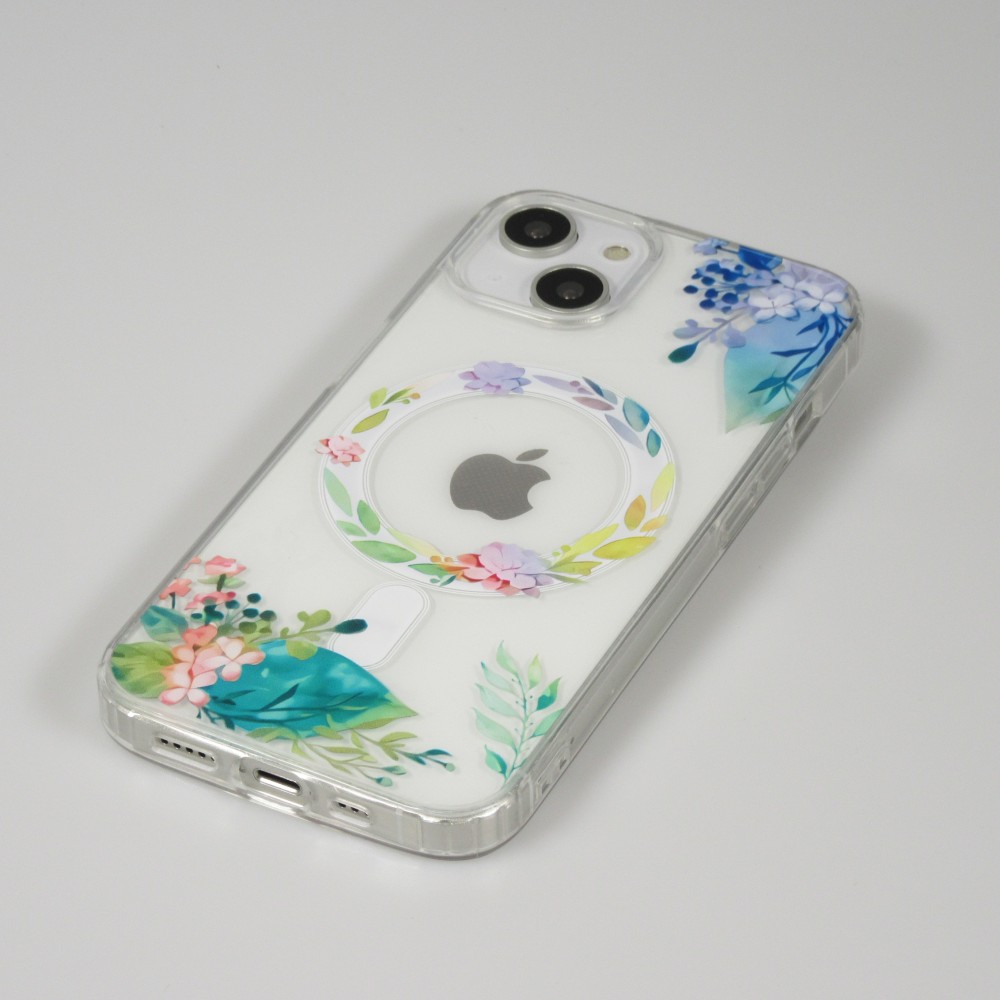 iPhone 15 Plus Case Hülle - Gummi Silikon steif mit MagSafe Frühlings Blumen - Transparent