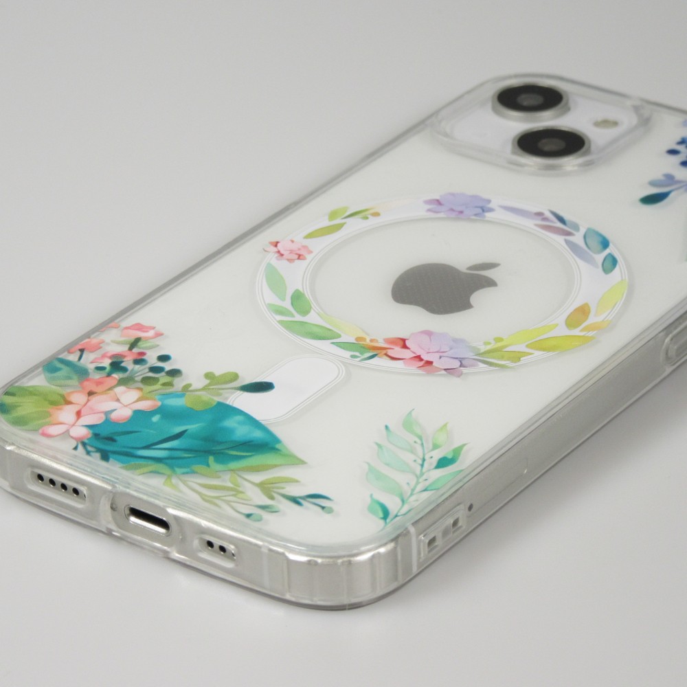 iPhone 15 Case Hülle - Gummi Silikon steif mit MagSafe Frühlings Blumen - Transparent