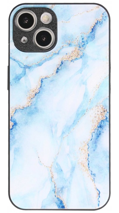 Coque iPhone 14 - Glass marbre avec bord en silicone - Bleu clair